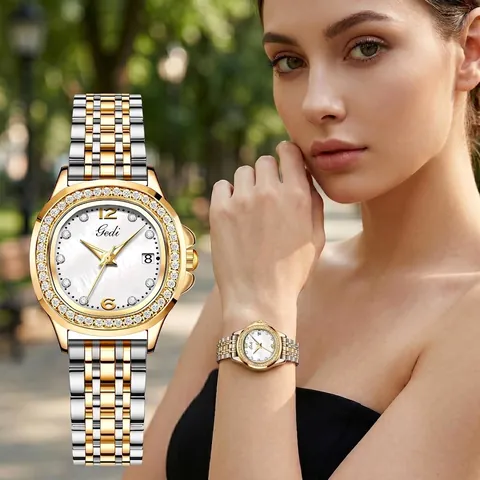 Gedi Damen Mode Quarzuhr Strass Besetzt Perlmutt Zifferblatt Edelstahl Armband Wasserdicht Dress Armbanduhr
