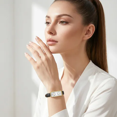 French Vintage Rectangular Double Dial Women Watch Elegant Leather Strap Waterproof Quartz Wristwatch For Office Lady