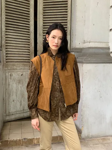 Gilet da Donna in Finta Pelle Scamosciata Vintage con Colletto in Piedi Autunno Stile Maillard Giacca Senza Maniche con Cerniera