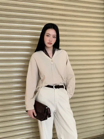 Dames Vintage Katoenen Shirt met V-hals met Bedrukte Zijden Sjaal Lange Mouwen Losse Casual Top Herfst Blouse
