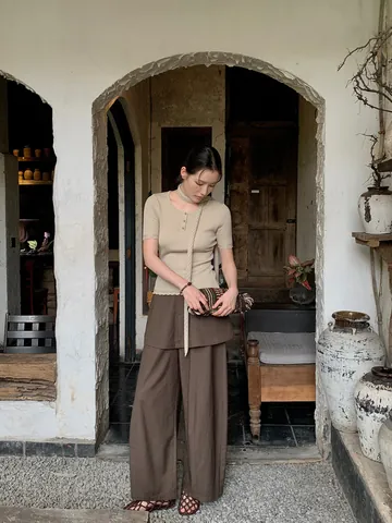Women Vintage Old Money Style Fake Two Piece Skirt Pants High Waist Wide Leg Suit Culottes Gray Green Coffee Bottom