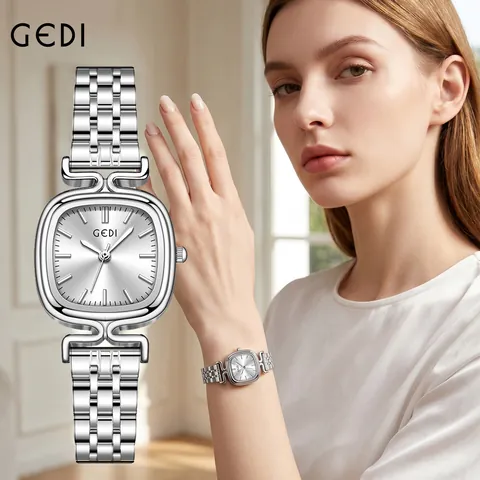 GEDI Women Fashion Quartz Watch Oval Alloy Case Steel Link Band Waterproof Minimalist Luxury Ladies Wristwatch For Daily Wear Jewelry