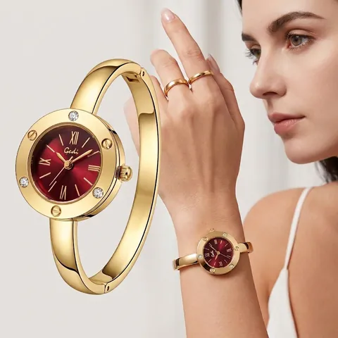 Women Bangle Watch Round Quartz Wristwatch Roman Numerals Rhinestone Dial Alloy Bracelet Luxury Elegant Fashion Jewelry Wristwatch