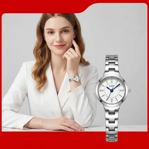 GEDI Women's Business Quartz Watch Shiny Narrow Steel Strap Rhinestone Dial Blue Hands Elegant Ladies Wristwatch