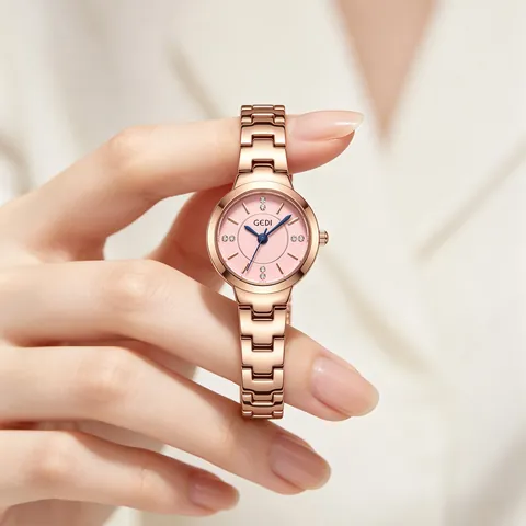 GEDI Women's Business Quartz Watch Shiny Narrow Steel Strap Rhinestone Dial Blue Hands Elegant Ladies Wristwatch
