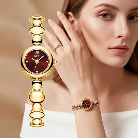 GEDI Dames Retro Klein Rond Wijzerplaat Quartz Horloge Gladde Metalen Kralenketting Waterdicht Elegant Woon-werk Polshorloge Voor Dames