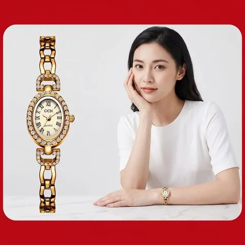 GEDI Women's Luxury Oval Rhinestone Bracelet Watch Retro Roman Numerals Dial Elegant Hollow Alloy Chain Quartz Wristwatch