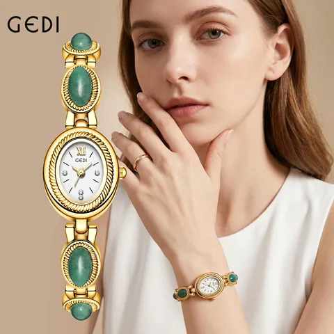 GEDI Vintage Bracelet Watch For Women Oval Rhinestone Dial Jade Texture Light Luxury Niche Exquisite Quartz Wristwatch Jewelry Gift