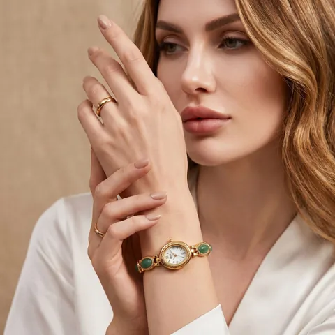 GEDI Vintage Bracelet Watch For Women Oval Rhinestone Dial Jade Texture Light Luxury Niche Exquisite Quartz Wristwatch Jewelry Gift
