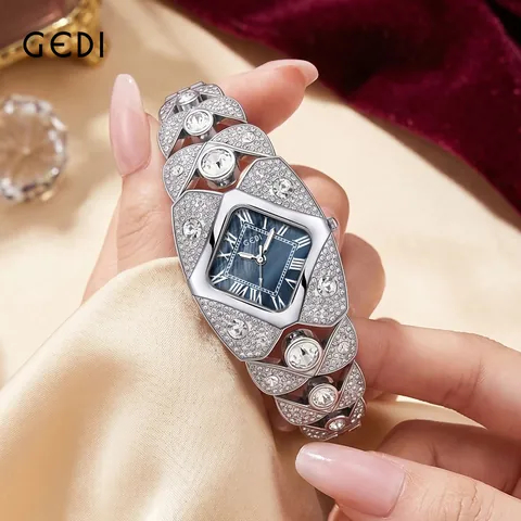 GEDI Women Bangle Watch Luxury Full Diamond Rhombic Dial Fashion Quartz Waterproof Wristwatch Elegance Ladies Jewelry Watch