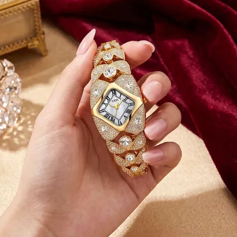 Luxury Women Rhinestone Quartz Watch Zinc Alloy Rhombus Dial Bangle Strap Roman Numerals Bracelet Watch For Ladies Fashion