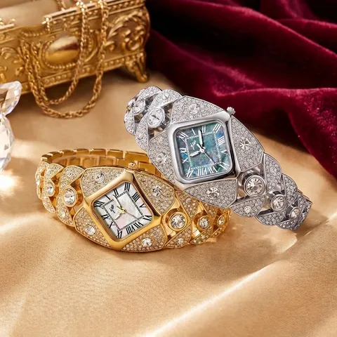 Luxurious Women Bangle Quartz Watch Rhombic Roman Numeral Dial Full Rhinestone Inlaid Zinc Alloy Case Waterproof Watch