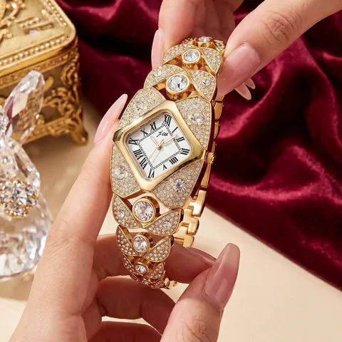 Luxurious Women Bangle Quartz Watch Rhombic Roman Numeral Dial Full Rhinestone Inlaid Zinc Alloy Case Waterproof Watch