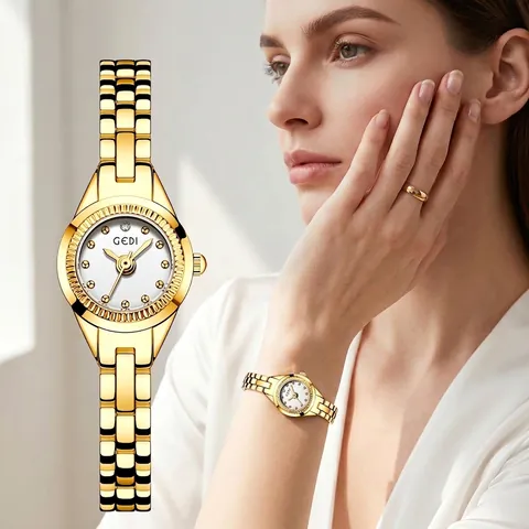 GEDI Luxury Women Rhinestone Small Round Quartz Watch Elegant Stainless Steel Alloy Strap Waterproof Fashion Wristwatch Gift