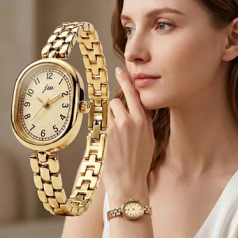JW Retro Oval Women Quartz Watch Minimalist Luxury Alloy Gold Silver Chain Strap Analog Watch For Daily Party Jewelry Gift
