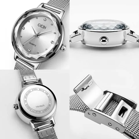 GEDI Women Quartz Watch Stainless Steel Mesh Band Waterproof Simple Korean Style Fashion Wristwatch Faceted Glass Rhinestone Markers