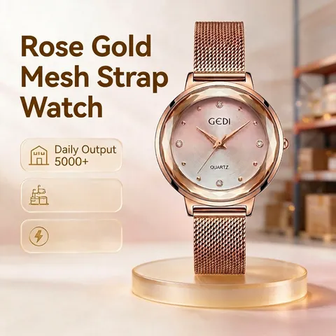 GEDI Women Quartz Watch Stainless Steel Mesh Band Waterproof Simple Korean Style Fashion Wristwatch Faceted Glass Rhinestone Markers