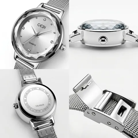 GEDI Women Quartz Watch Stainless Steel Mesh Band Waterproof Simple Korean Style Fashion Wristwatch Faceted Glass Rhinestone Markers