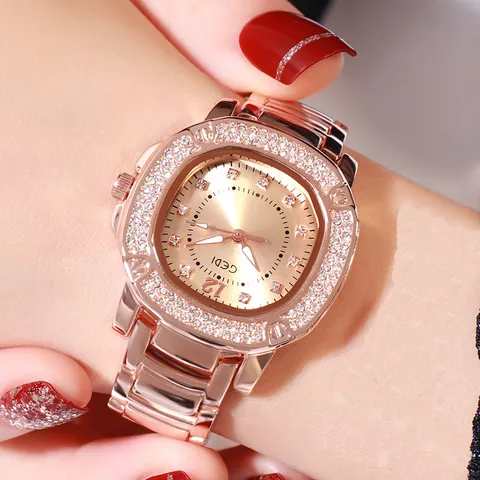 Montre à Quartz Élégante en Acier Inoxydable pour Femme Luxe Strass Carré Cadran Rond Bracelet Métallique Brillant Montre-Bracelet Cadeau Bijoux