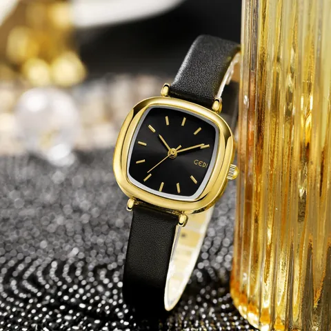 GEDI Vintage Square Women Quartz Watch Rose Gold Alloy Case Leather Strap Waterproof Casual Ladies Wristwatch Elegant Retro Watch