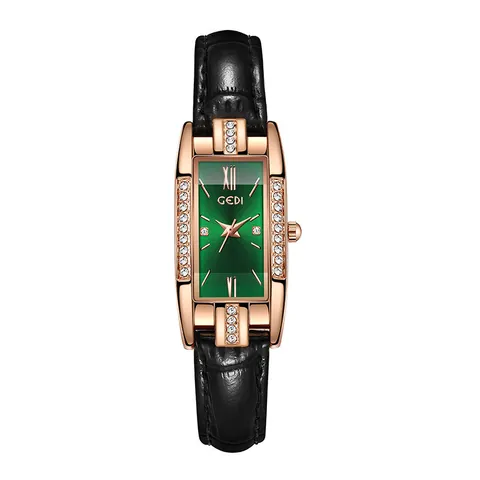Damen Mode Luxus Rechteckige Quarzuhr Roségold Gehäuse Strass Eingelegt Lederarmband Wasserdichte Armbanduhr Elegante Damen Uhr