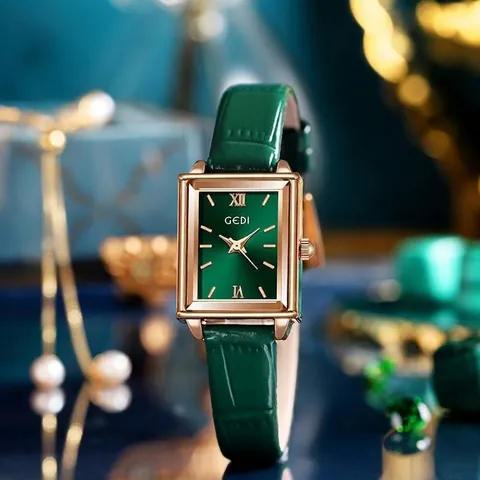GEDI Fashion Small Square Dial Women's Quartz Watch Minimalist Green Faux Leather Strap 3ATM Waterproof Rectangular Wristwatch