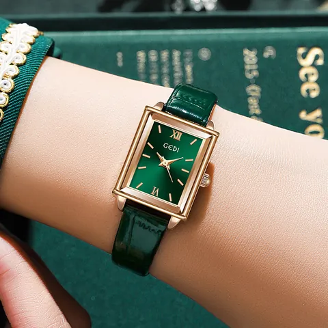 GEDI Fashion Small Square Dial Women's Quartz Watch Minimalist Green Faux Leather Strap 3ATM Waterproof Rectangular Wristwatch