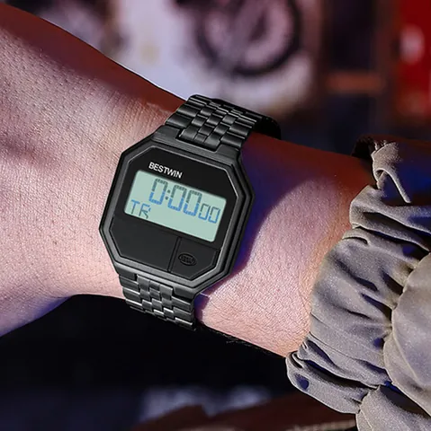 BESTWIN Herren Digitaluhr Business Sport Quadratisch Wasserdicht Leuchtend Edelstahlarmband Retro Elektronische Uhr Herren Schmuck