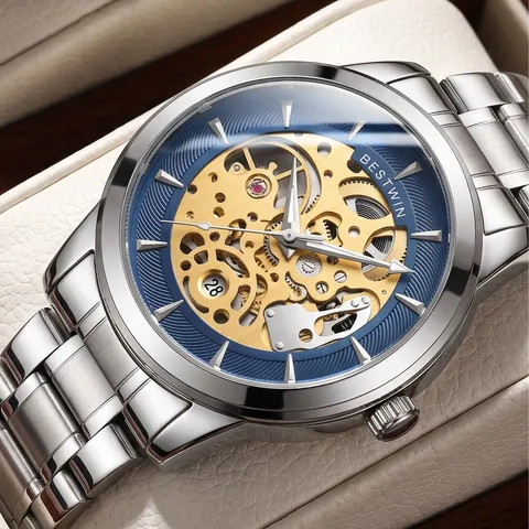 Montre à Quartz Homme Bestwin Business Décontractée Design Mécanique Ajouré Bracelet en Acier Inoxydable Calendrier Étanche