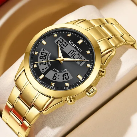 Heren Horloge met Dubbel Display Roestvrij Stalen Band Lichtgevend 30M Waterdicht Quartz Elektronisch Dual Uurwerk