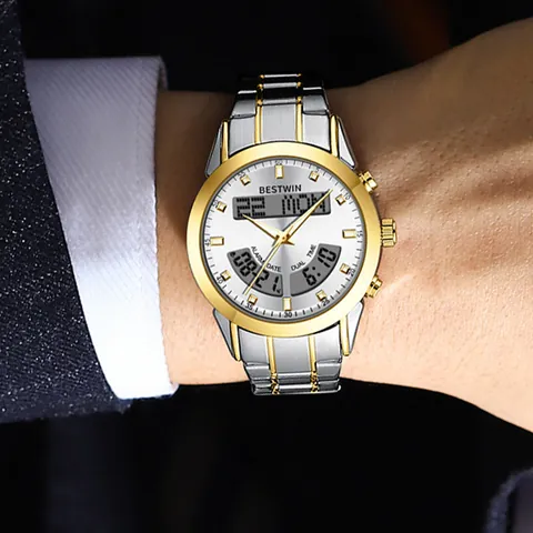 Heren Horloge met Dubbel Display Roestvrij Stalen Band Lichtgevend 30M Waterdicht Quartz Elektronisch Dual Uurwerk