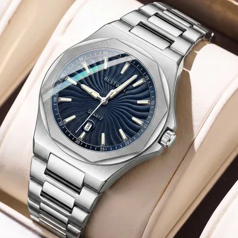 Bestwin Men Quartz Watch Luxury Business Fashion Stainless Steel Strap Waterproof Luminous Date Octagonal Bezel Wristwatch