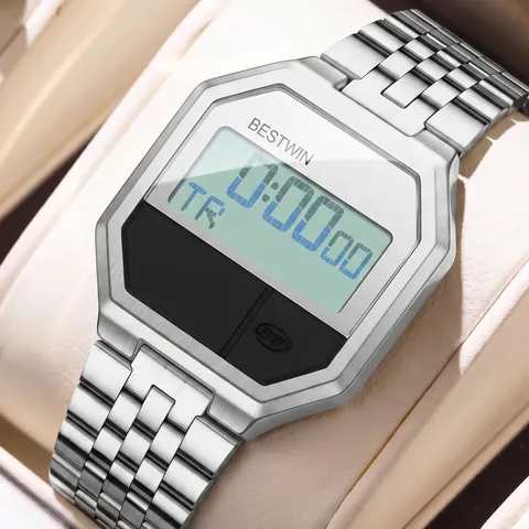 BESTWIN Herren Digitaluhr Business Sport Quadratisch Wasserdicht Leuchtend Edelstahlarmband Retro Elektronische Uhr Herren Schmuck