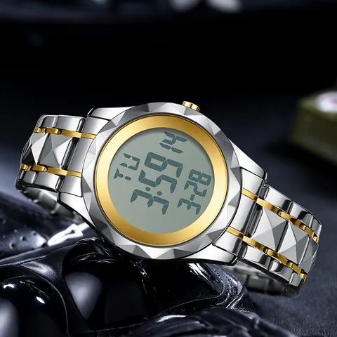 Montre-Bracelet Numérique d'Affaires pour Hommes Étanche Lumineuse Boîtier en Alliage Bracelet en Acier Inoxydable Mode Sport Montre Électronique Affichage Date Semaine