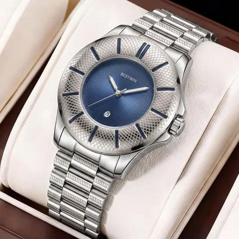 BESTWIN Men Fashion Snake Pattern Quartz Watch Luminous Waterproof Calendar Business Wristwatch Stainless Steel Strap Male Clock