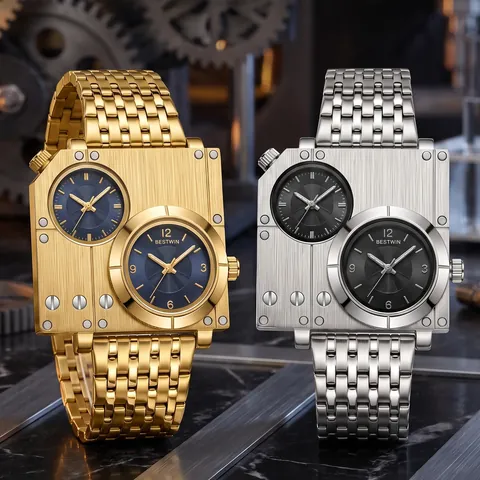 BESTWIN Montre Homme à Quartz Grand Cadran Carré Double Fuseau Horaire Affaires Étanche Bracelet en Acier Inoxydable Luxe Industrielle