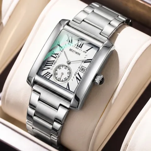 BESTWIN Herren Mode Quarz Uhr Quadratisches Gehäuse Römische Ziffern Datum Kleine Sekunde Edelstahl Leder Armband Uhr