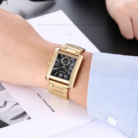 BESTWIN Herren Mode Quarz Uhr Quadratisches Gehäuse Römische Ziffern Datum Kleine Sekunde Edelstahl Leder Armband Uhr