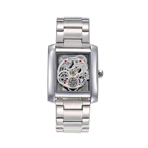 Men's Fashion Square Quartz Watch Hollow Skeleton Dial Stainless Steel Band Waterproof Business Luminous Wristwatch Analog Clock