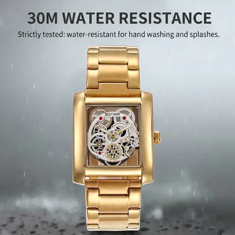 Men's Fashion Square Quartz Watch Hollow Skeleton Dial Stainless Steel Band Waterproof Business Luminous Wristwatch Analog Clock