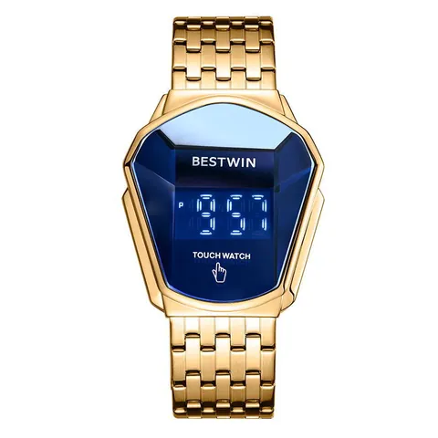 BESTWIN Men LED Digital Watch Waterproof Touch Screen Stainless Steel Silicone Strap Shield Geometric Fashion Sport Wristwatch