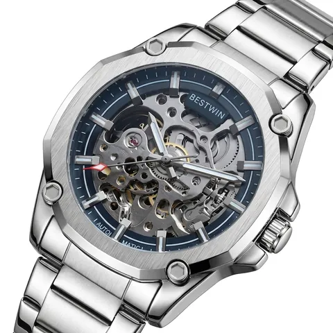 Bestwin Montre Mécanique Automatique Squelette de Luxe Homme Acier Inoxydable Brossé Lunette Octogonale Lumineux Étanche Montre-Bracelet Business