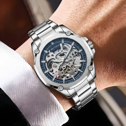 Bestwin Montre Mécanique Automatique Squelette de Luxe Homme Acier Inoxydable Brossé Lunette Octogonale Lumineux Étanche Montre-Bracelet Business