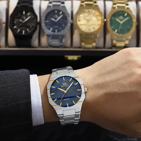BESTWIN Men's Business Fashion Quartz Watch Octagonal Bezel Stainless Steel Waterproof Luminous Ultra-Thin Male Wristwatch