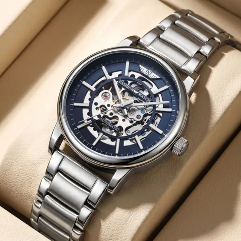 Montre Mécanique Automatique pour Hommes Cadran Squelette Étanche Bracelet en Acier Inoxydable Business Classique Mode