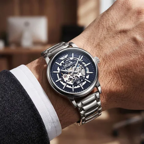 Montre Mécanique Automatique pour Hommes Cadran Squelette Étanche Bracelet en Acier Inoxydable Business Classique Mode