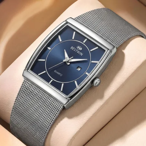 BESTWIN Herren Mode Ultradünne Quadratische Quarzuhr Edelstahl Milanese Netzarmband Wasserdicht Datum Business Armbanduhr