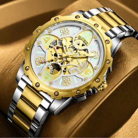 BESTWIN Fashion Men Watch Skeleton Design Luminous Pointer Stainless Steel Strap Waterproof Male Quartz Clock