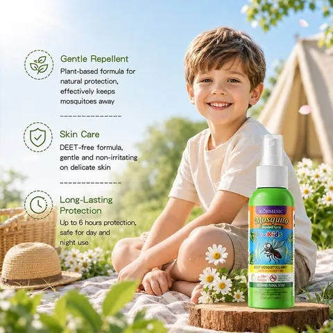 KORMESIC Muggenwerend Middel voor Kinderen 100ml DEET-vrij Plantaardig en Slaapstickers met Essentiële Oliën Natuurlijk