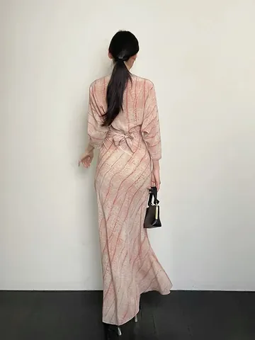 Dames Elegante Bedrukte Zijden Maxi Jurk V-hals Wikkelstijl Strikceintuur Slank Afkleed Cocktail Party Jurk Abstract Marmerpatroon Lange Mouwen